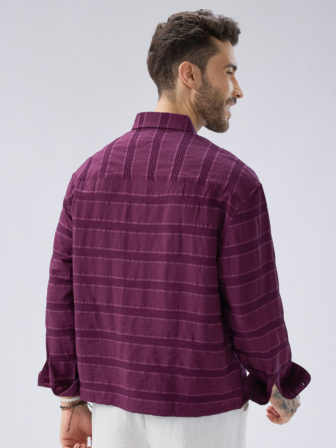 Crushed Wine Textured Oversized Boxy Fit Crop Shirt