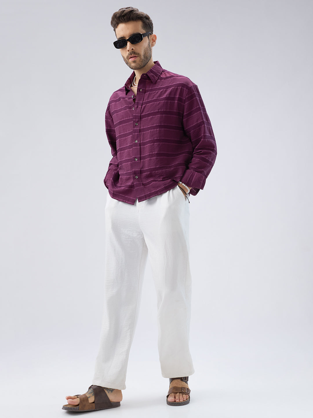 Crushed Wine Textured Oversized Boxy Fit Crop Shirt