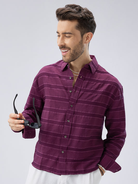 Crushed Wine Textured Oversized Boxy Fit Crop Shirt