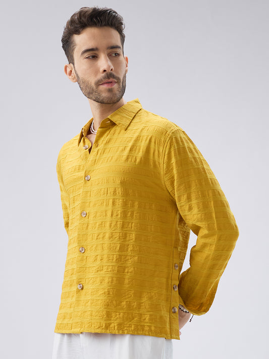 Golden Hour Textured Side-Slit Button Oversized Crop Shirt