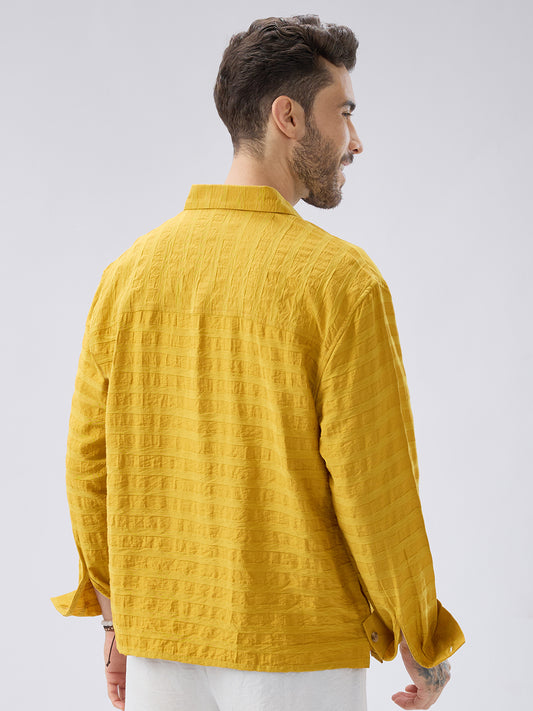 Golden Hour Textured Side-Slit Button Oversized Crop Shirt