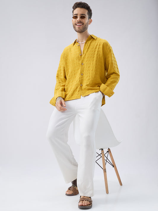 Golden Hour Textured Side-Slit Button Oversized Crop Shirt