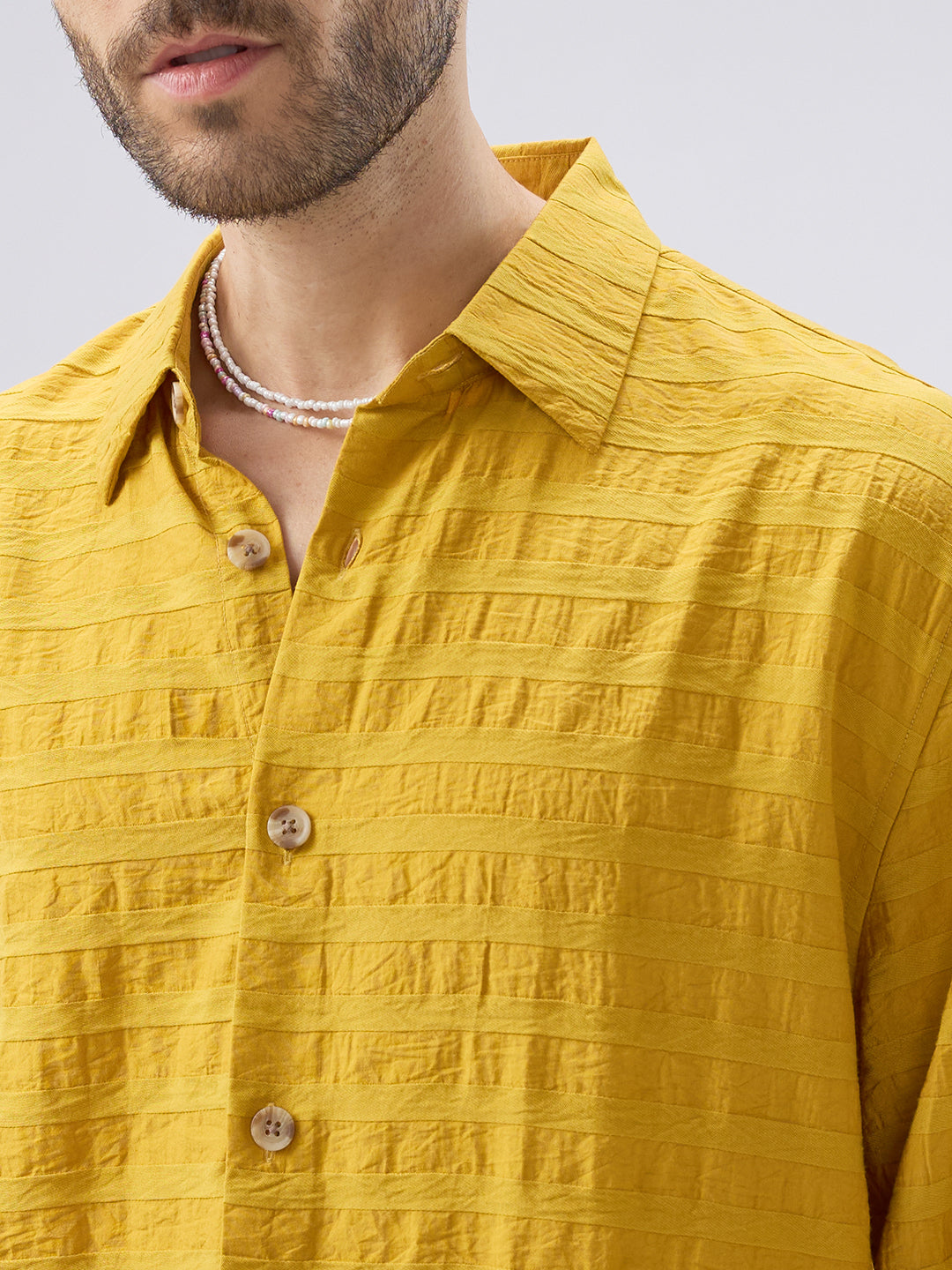 Golden Hour Textured Side-Slit Button Oversized Crop Shirt