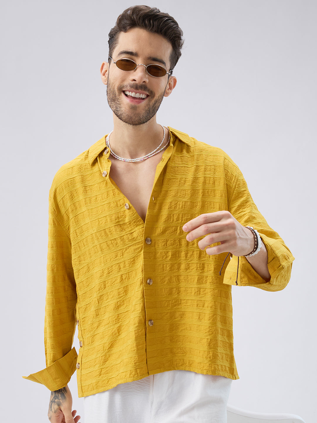 Golden Hour Textured Side-Slit Button Oversized Crop Shirt