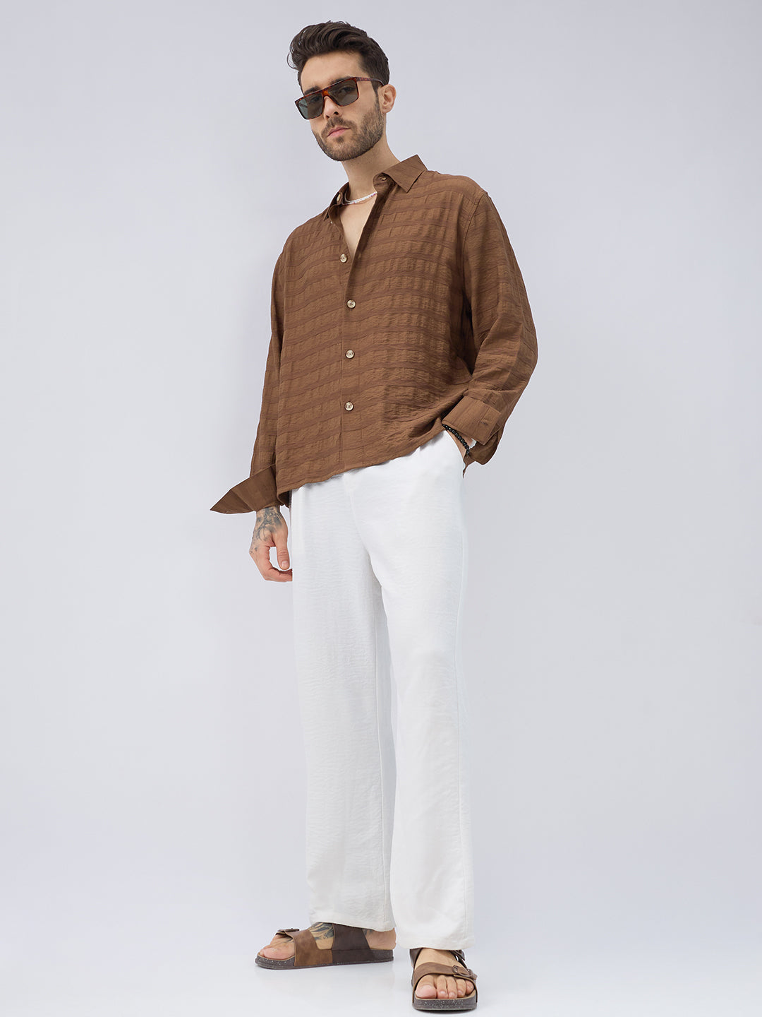 Brown Tonal Textured Side Slit Button Boxy Fit Crop Shirt