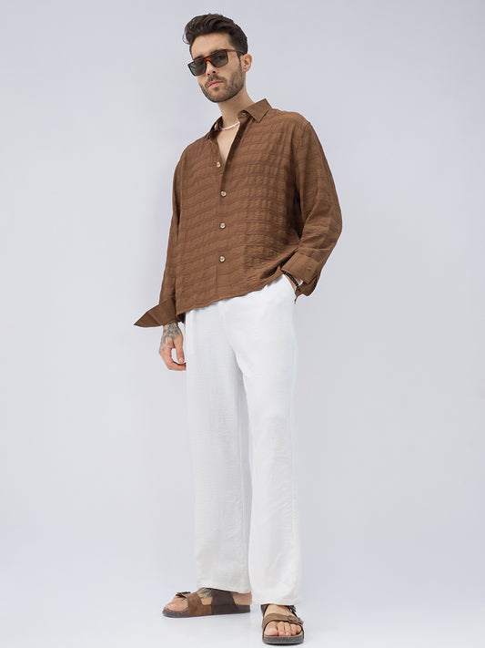 Brown Tonal Textured Side Slit Button Boxy Fit Crop Shirt