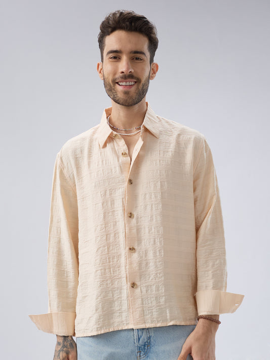 Soft Beige Striped Side-Slit Button Boxy Fit Crop Shirt