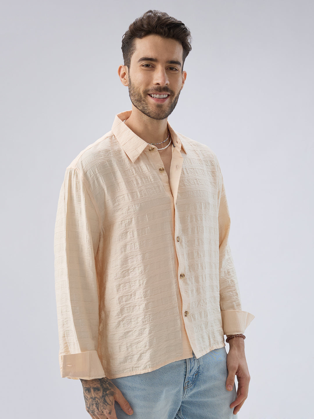Soft Beige Striped Side-Slit Button Boxy Fit Crop Shirt