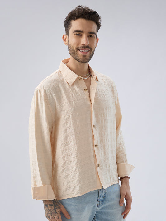 Soft Beige Striped Side-Slit Button Boxy Fit Crop Shirt