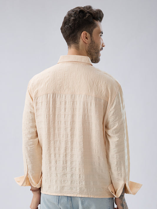 Soft Beige Striped Side-Slit Button Boxy Fit Crop Shirt