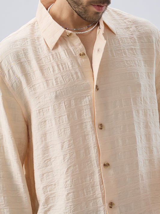 Soft Beige Striped Side-Slit Button Boxy Fit Crop Shirt