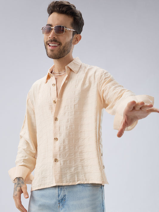 Soft Beige Striped Side-Slit Button Boxy Fit Crop Shirt