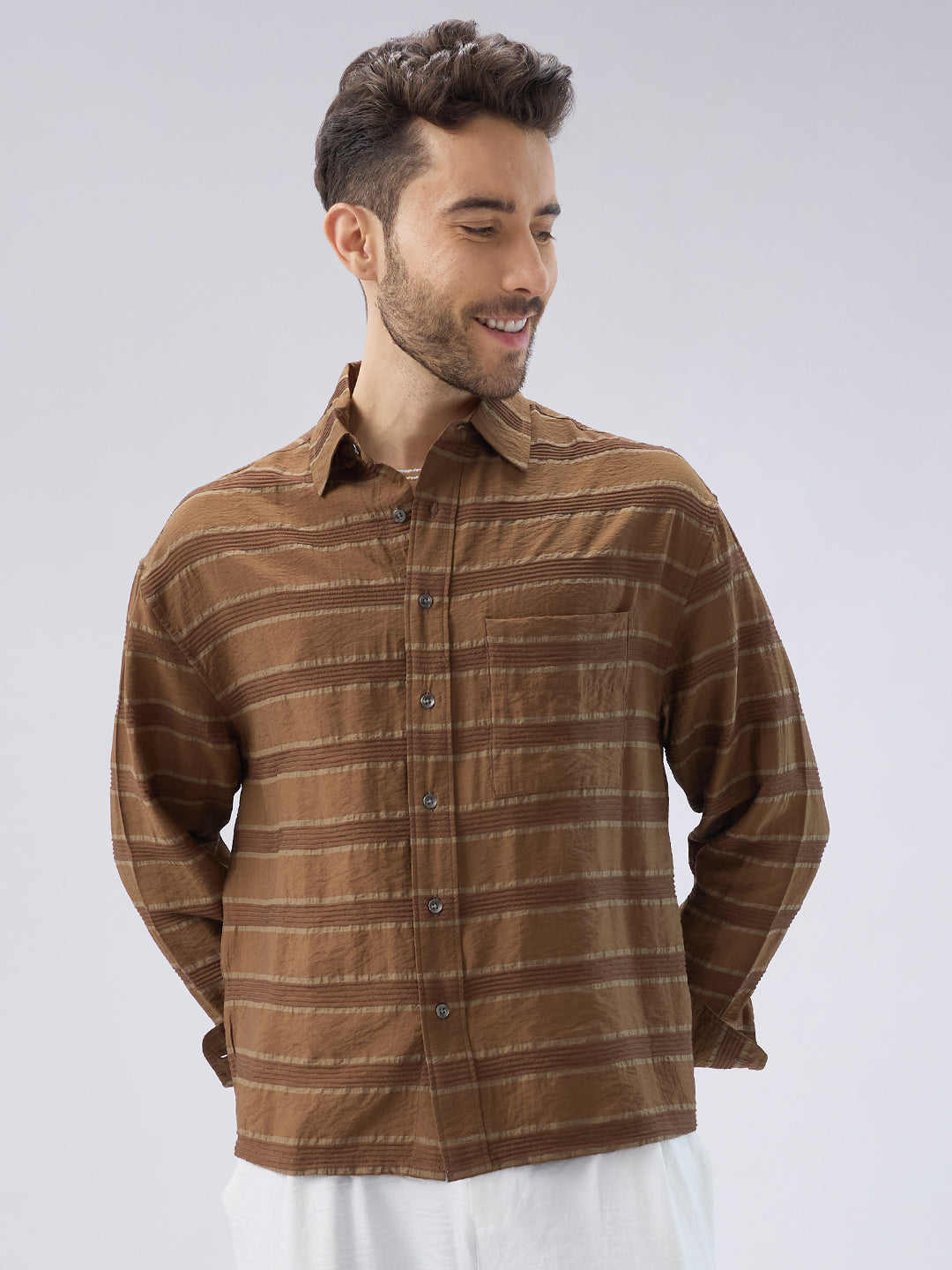 Coffee Brown Textured Boxy Fit Crop Shirt