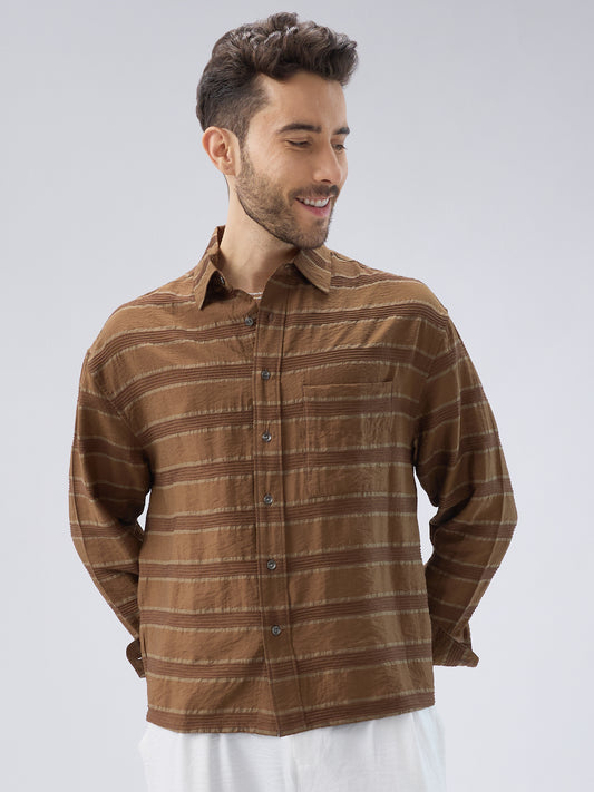 Coffee Brown Textured Boxy Fit Crop Shirt