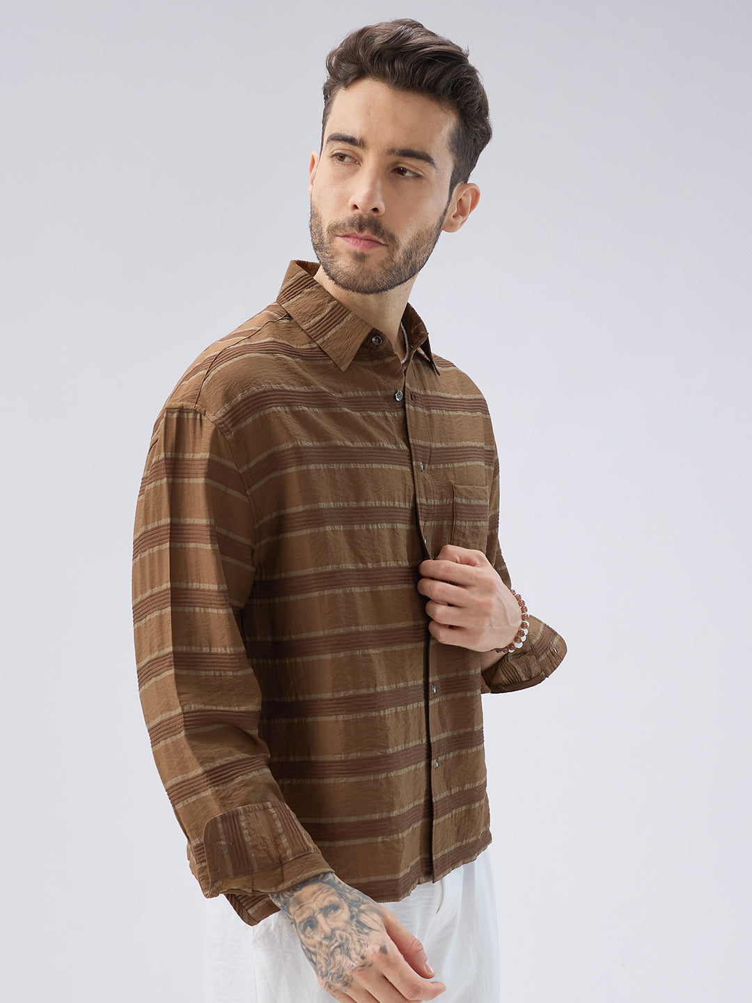 Coffee Brown Textured Boxy Fit Crop Shirt