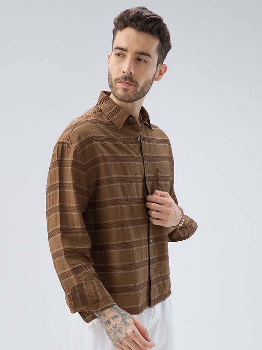 Coffee Brown Textured Boxy Fit Crop Shirt