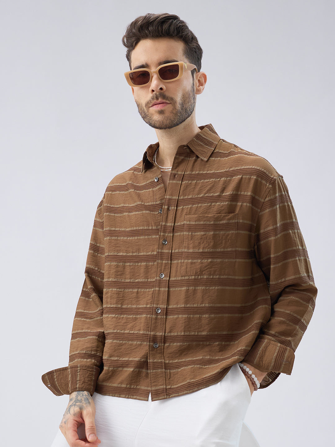 Coffee Brown Textured Boxy Fit Crop Shirt