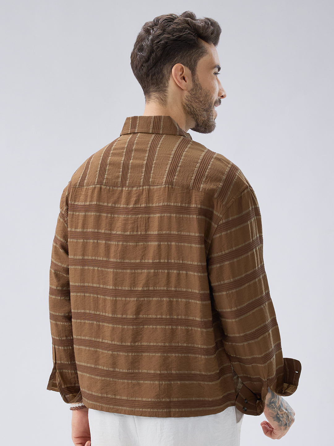 Coffee Brown Textured Boxy Fit Crop Shirt