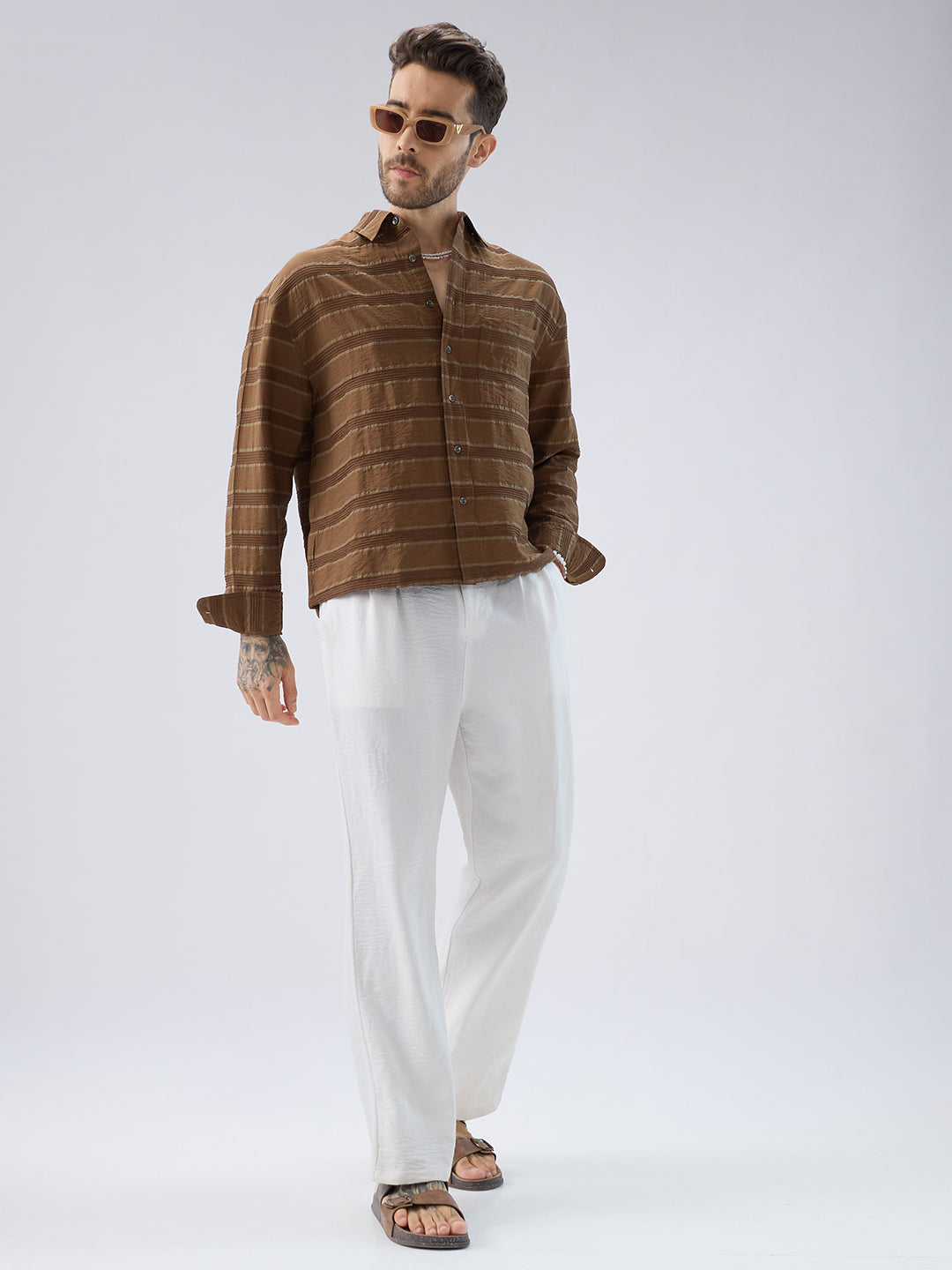 Coffee Brown Textured Boxy Fit Crop Shirt