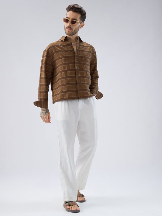 Coffee Brown Textured Boxy Fit Crop Shirt