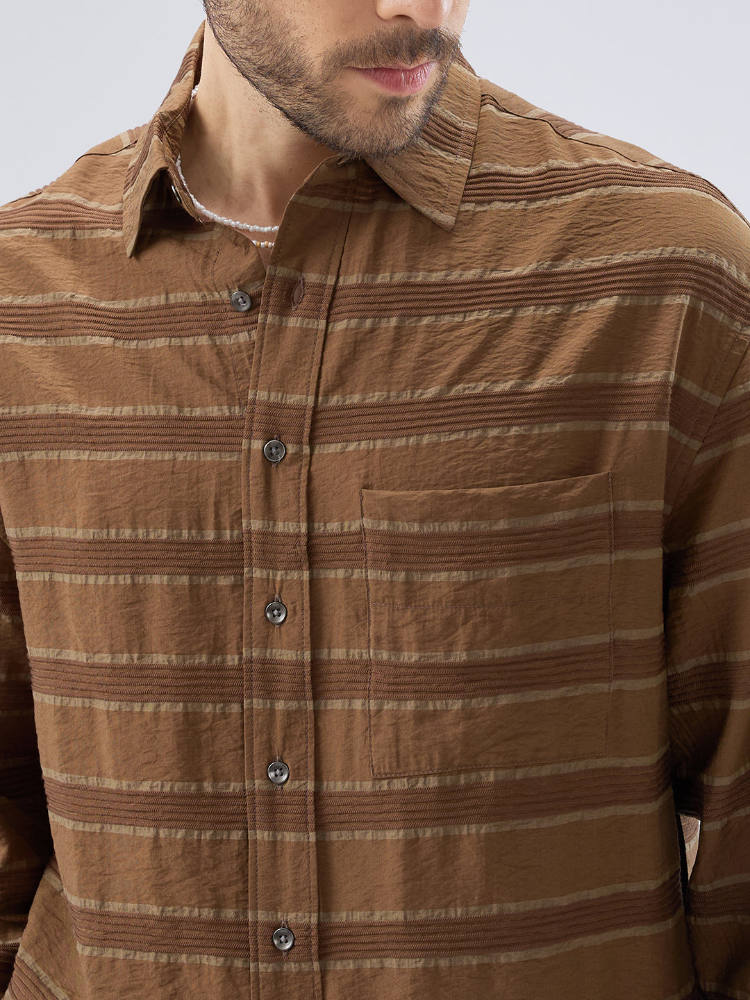 Coffee Brown Textured Boxy Fit Crop Shirt