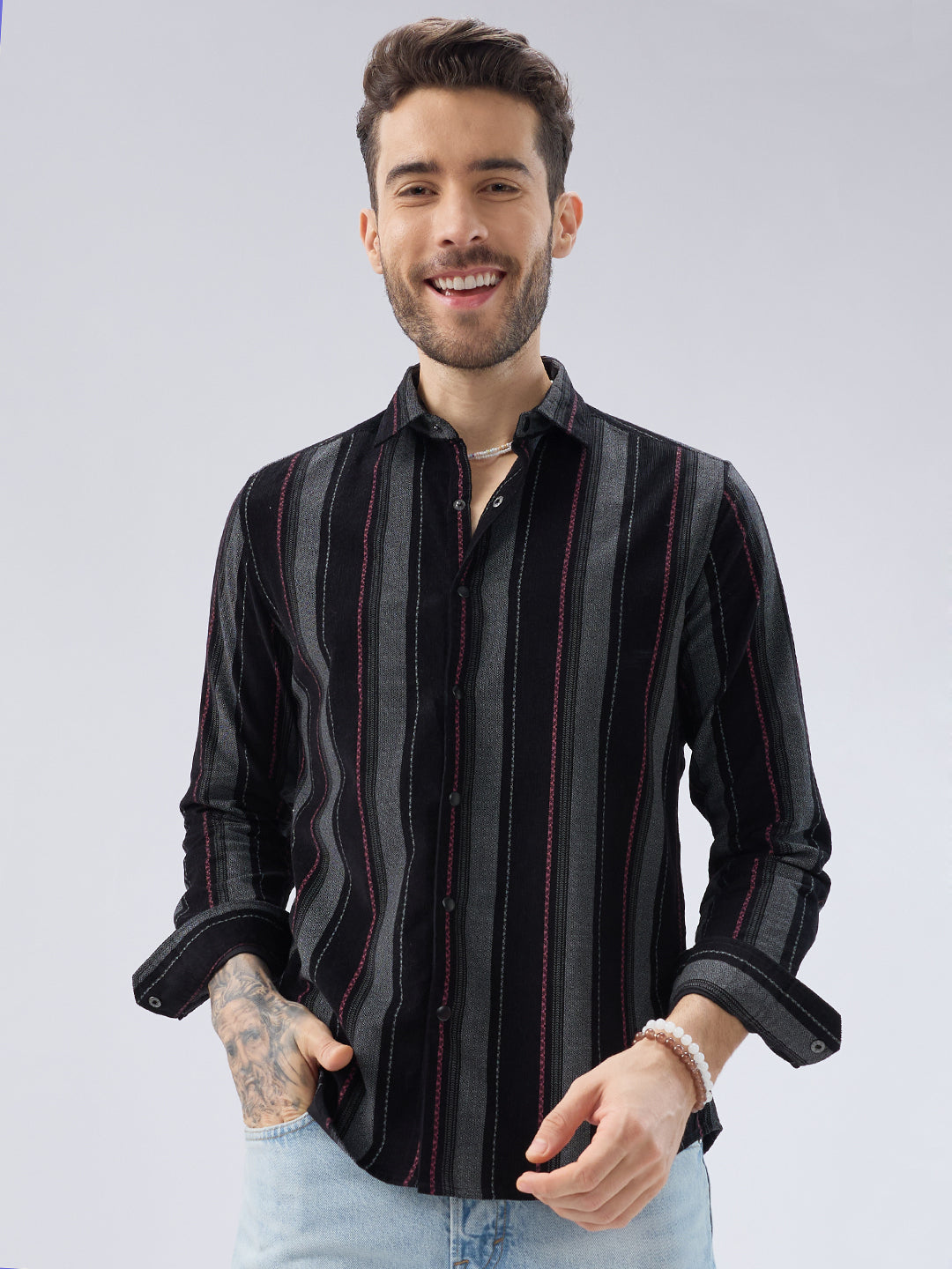 Onyx Black Red Embellished Corduroy Striped Shirt