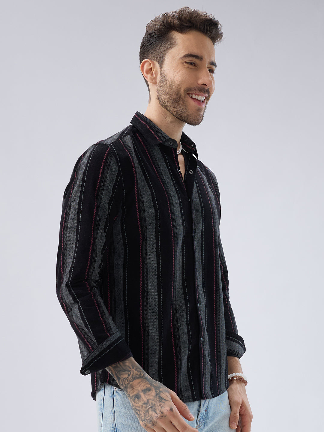 Onyx Black Red Embellished Corduroy Striped Shirt