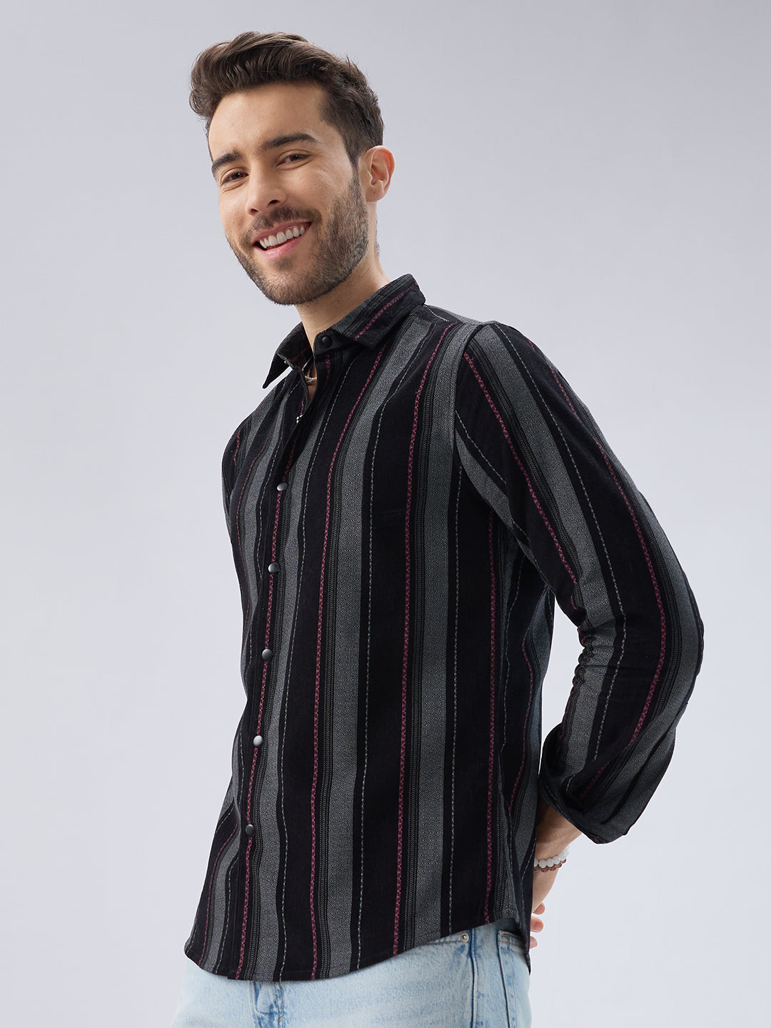 Onyx Black Red Embellished Corduroy Striped Shirt
