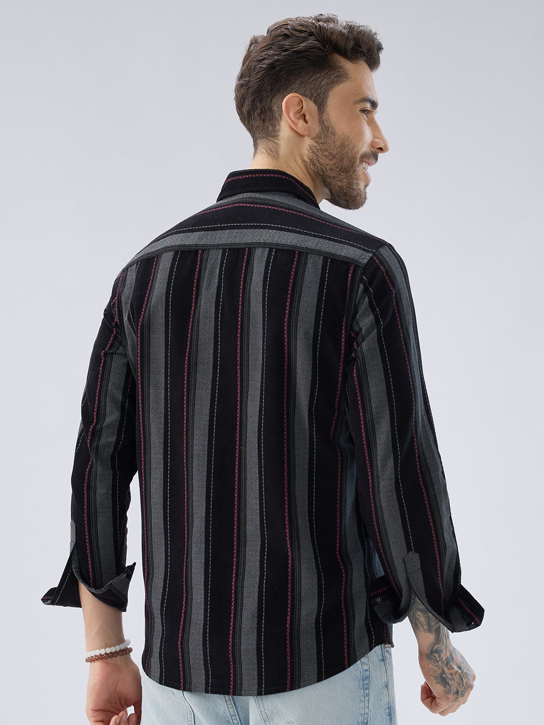 Onyx Black Red Embellished Corduroy Striped Shirt