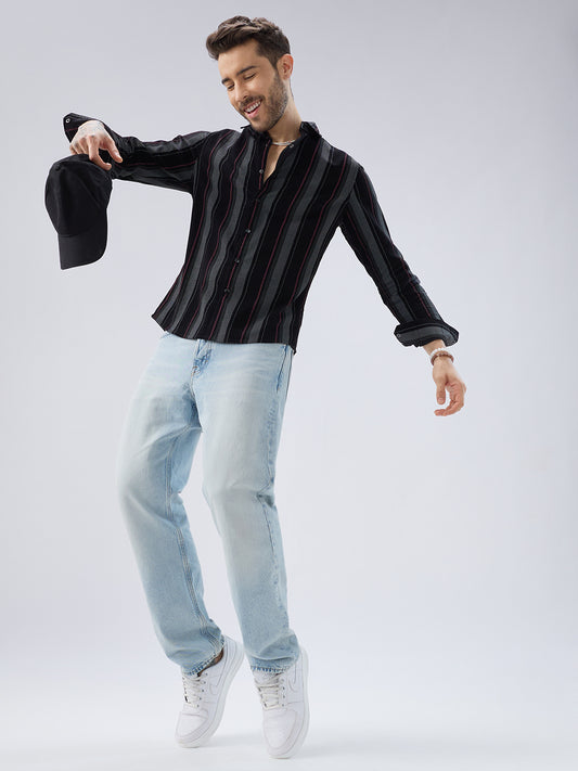 Onyx Black Red Embellished Corduroy Striped Shirt