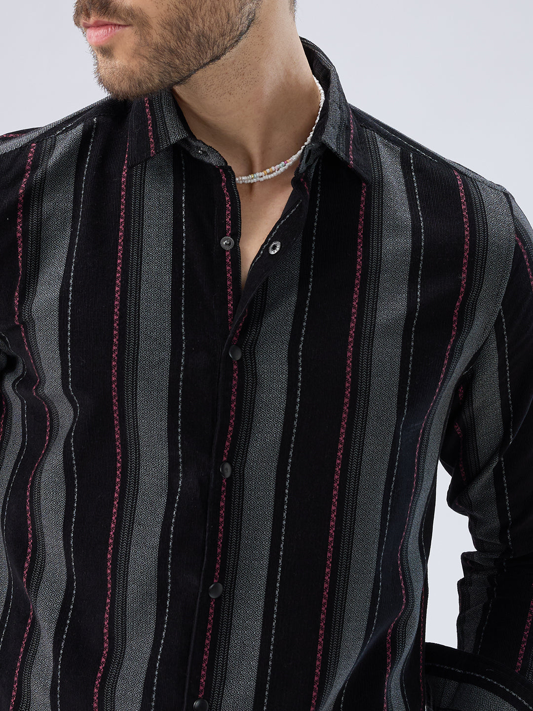 Onyx Black Red Embellished Corduroy Striped Shirt