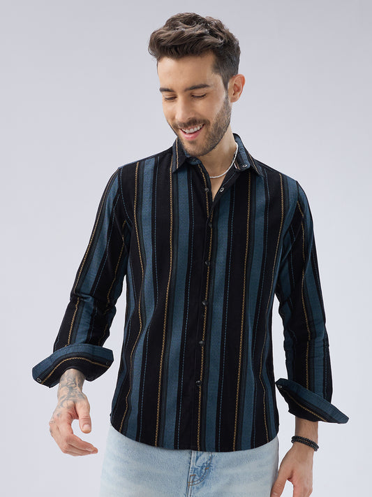 Deep Blue Embellished Corduroy Striped Shirt