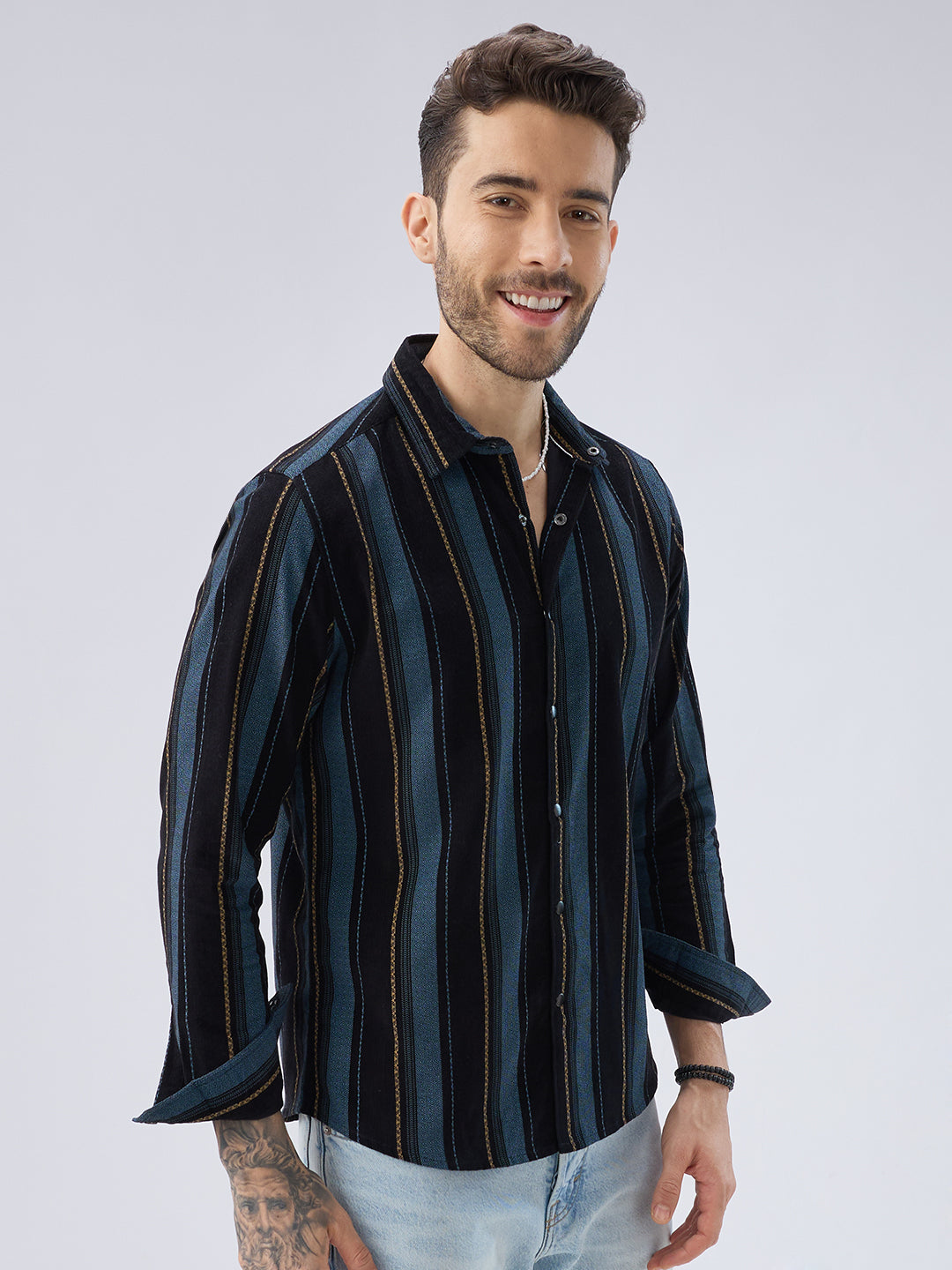 Deep Blue Embellished Corduroy Striped Shirt