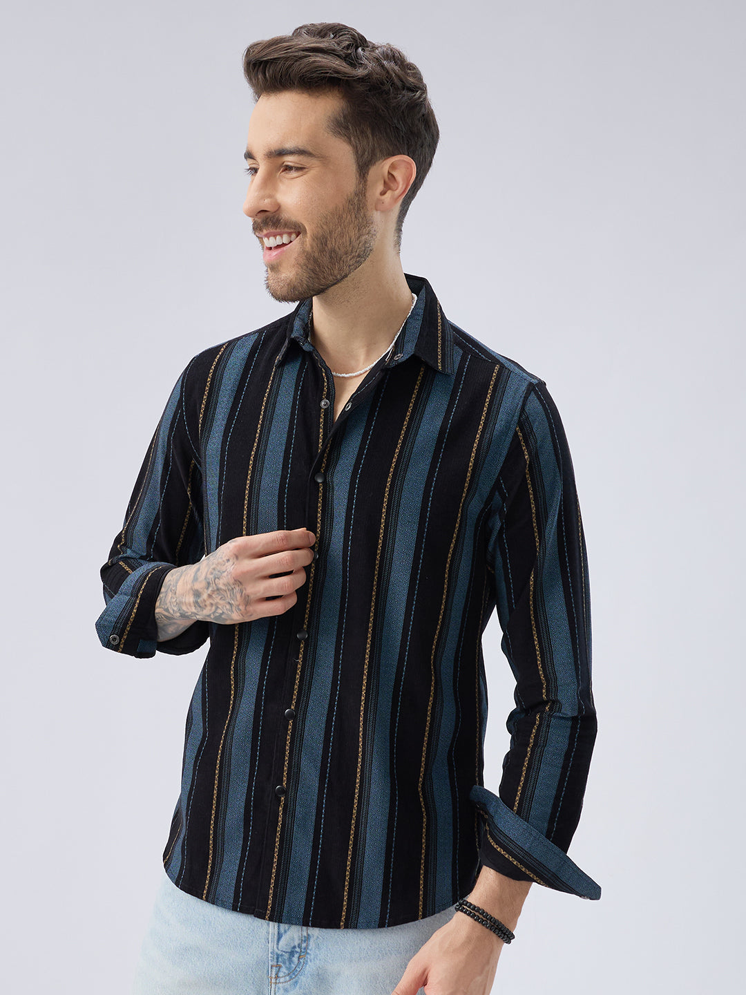 Deep Blue Embellished Corduroy Striped Shirt