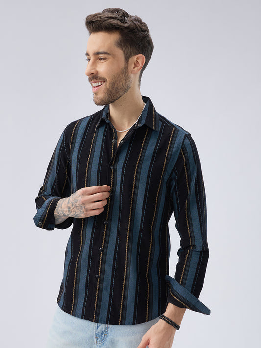 Deep Blue Embellished Corduroy Striped Shirt