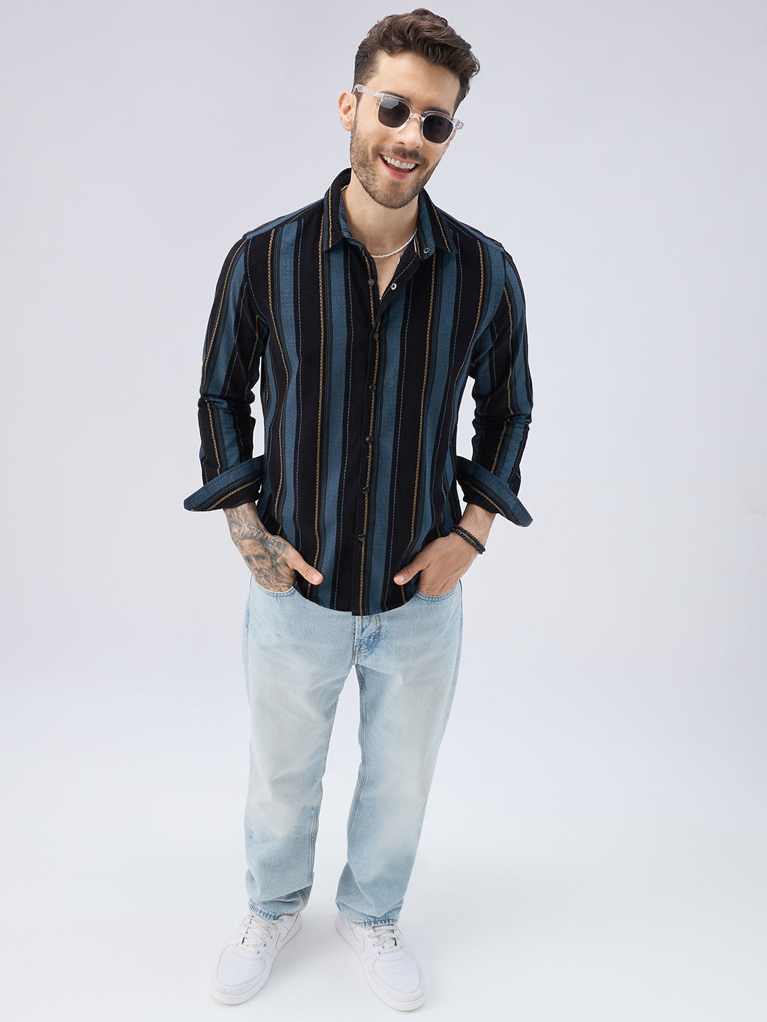 Deep Blue Embellished Corduroy Striped Shirt