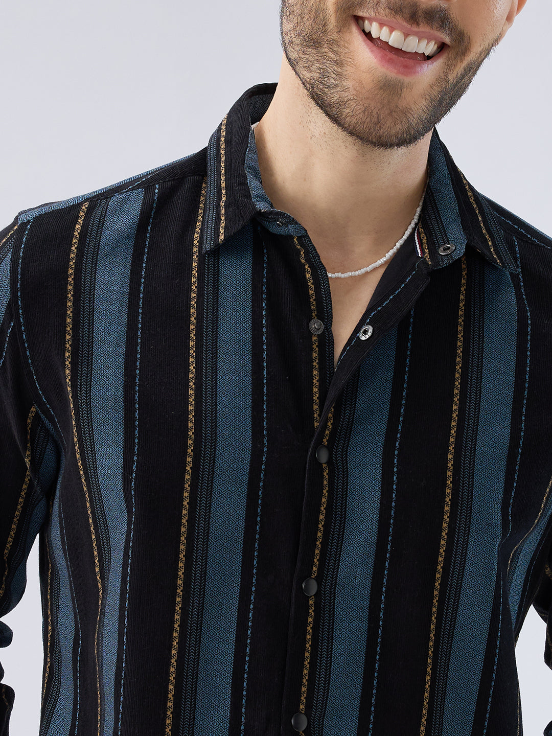 Deep Blue Embellished Corduroy Striped Shirt