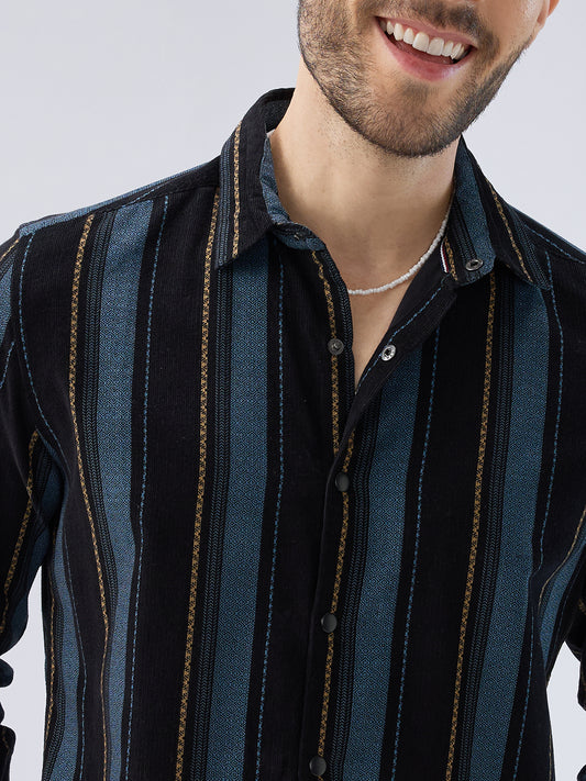 Deep Blue Embellished Corduroy Striped Shirt