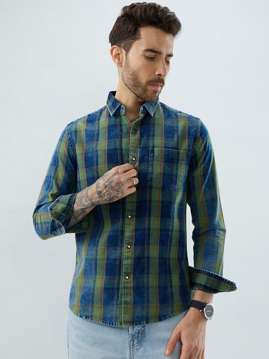 Versatile Navy & Green Denim Plaid Checks Shirt