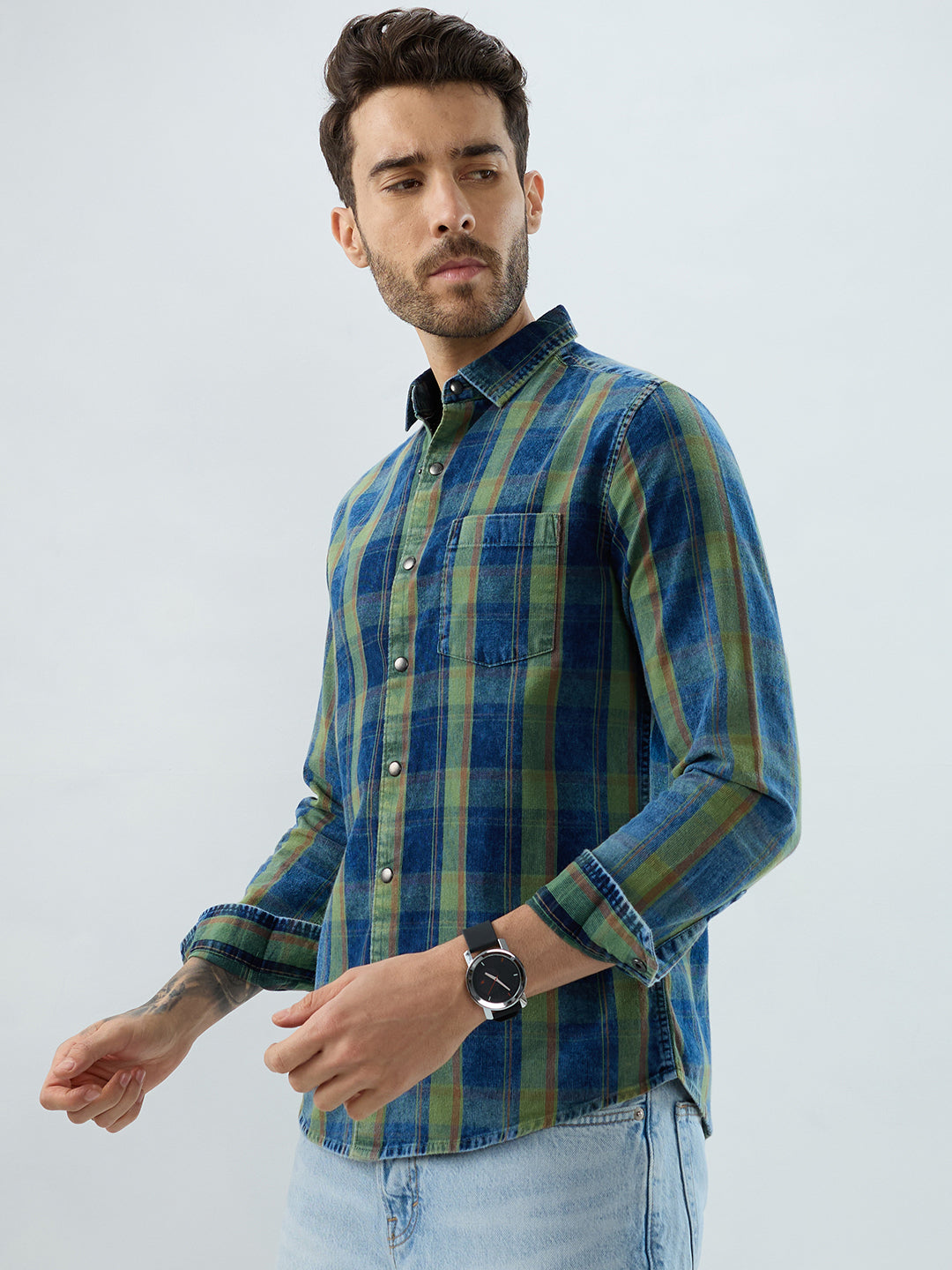 Versatile Navy & Green Denim Plaid Checks Shirt