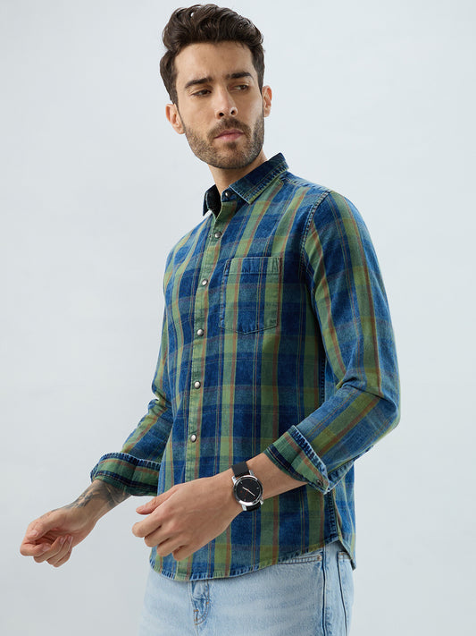 Versatile Navy & Green Denim Plaid Checks Shirt