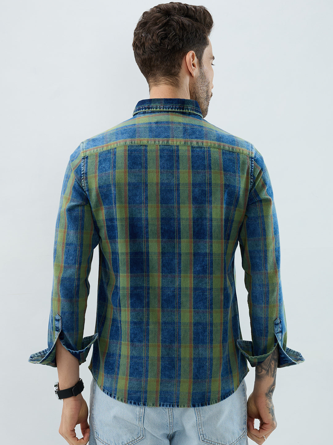 Versatile Navy & Green Denim Plaid Checks Shirt
