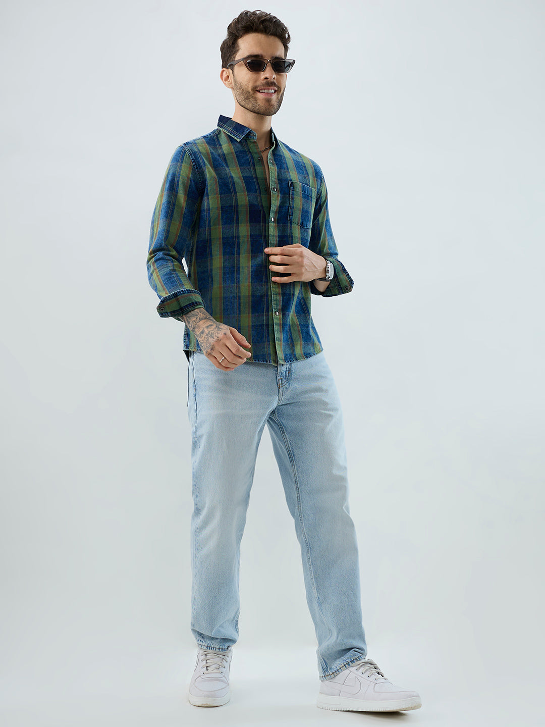 Versatile Navy & Green Denim Plaid Checks Shirt