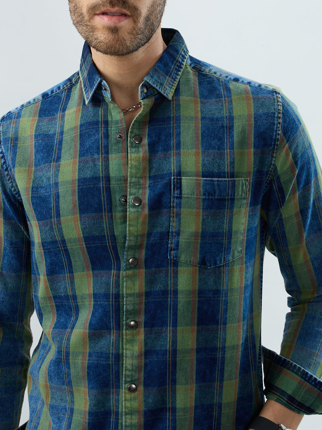 Versatile Navy & Green Denim Plaid Checks Shirt