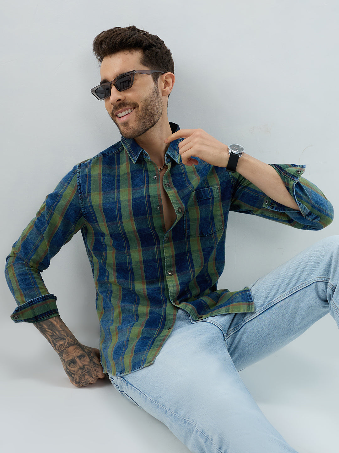 Versatile Navy & Green Denim Plaid Checks Shirt