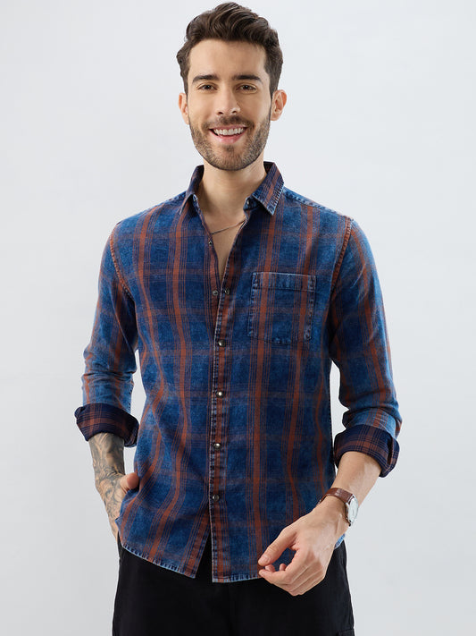 Versatile Navy & Copper Denim Plaid Checks Shirt