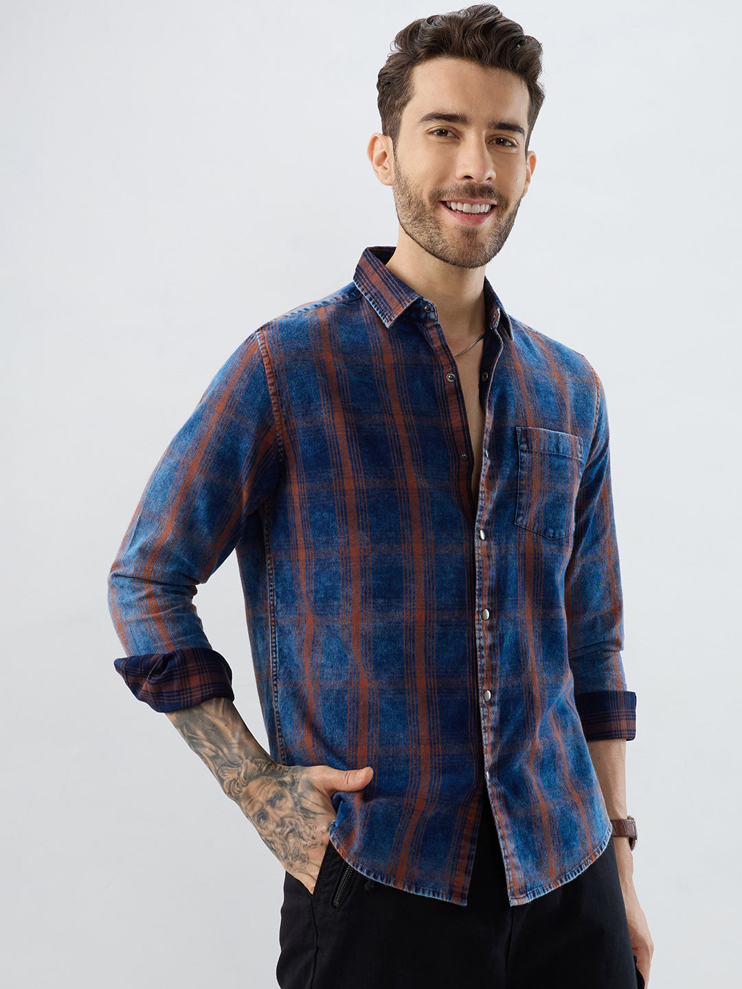 Versatile Navy & Copper Denim Plaid Checks Shirt
