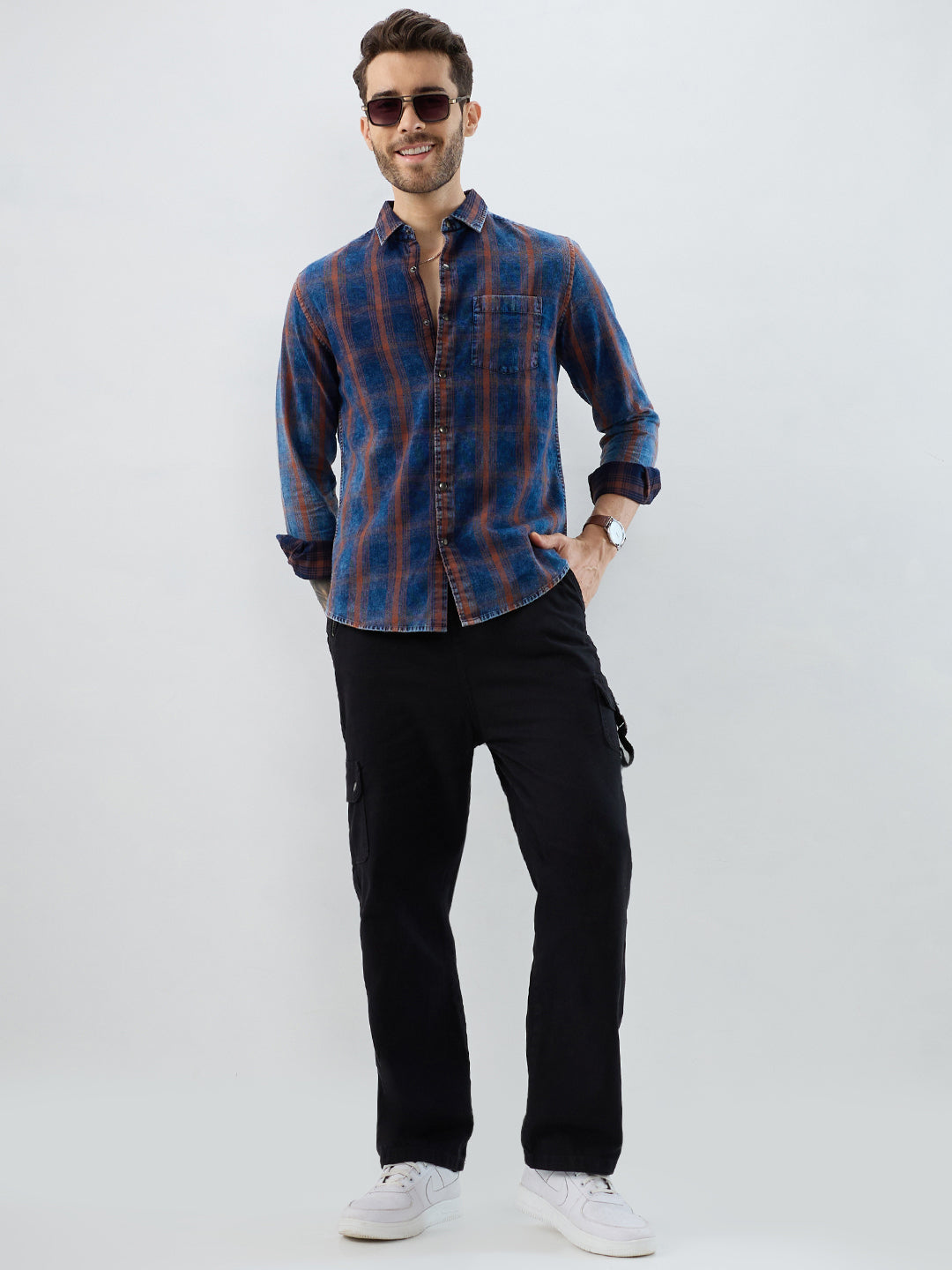 Versatile Navy & Copper Denim Plaid Checks Shirt