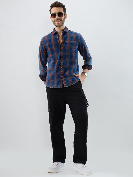 Versatile Navy & Copper Denim Plaid Checks Shirt