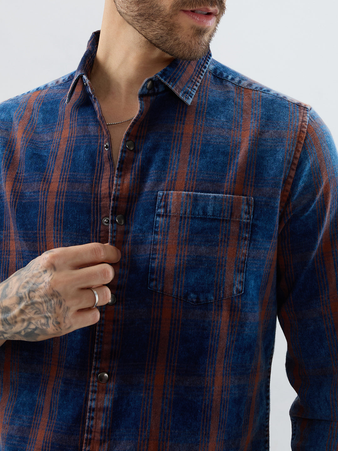 Versatile Navy & Copper Denim Plaid Checks Shirt